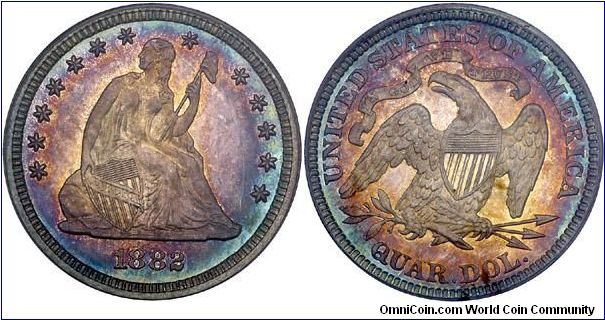 Quarter. PCGS PF65. Beautiful toning.