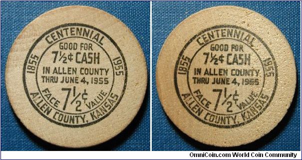 Allen County Kansas Wooden Nickel dual sided.