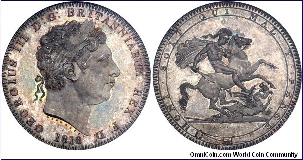 Crown, LVIII edge.
Type with elevated final 8 (recut) in date. Slight strike-through mark on cheek.
Gem Unc. Ex Bruce Lorich. Virtually flawless reverse. Prooflike surfaces. NGC MS65. One of the finest.