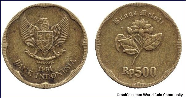 Indonesia, 500 rupiah, 1991, Al-Bronze, Stick of Jasmin.                                                                                                                                                                                                                                                                                                                                                                                                                                                            