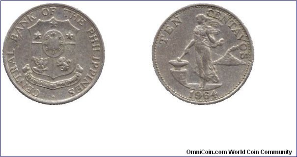 Philippines, 10 centavos, 1964, Ni-Brass, Woman.                                                                                                                                                                                                                                                                                                                                                                                                                                                                    