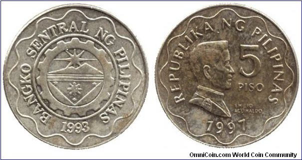 Philippines, 5 piso, 1997, Emilio Aguinaldo.                                                                                                                                                                                                                                                                                                                                                                                                                                                                        