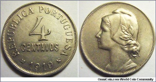Portugal 1919 4 centavos. Nice steel coin, and an odd denomination. Special thanks to Jose!