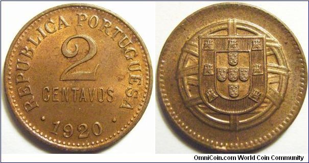 Portugal 1920 2 centavos. Nice UNC and lacqured. Special thanks to Jose!