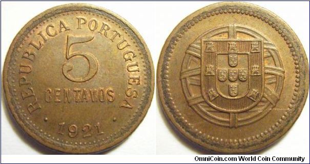 Portugal 1921 5 centavos. Still has some redness and has nice die break at the reverse. Special thanks to Jose!
