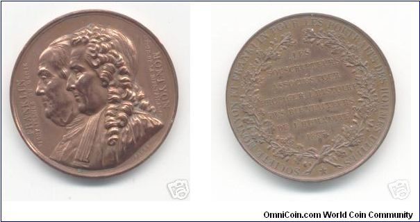 Benjamin Franklin and Jean-Baptiste Antoine Montyon medal. Bronze. 41.7 mm. Dies by Barre. Genius medal by the Society Montyon and Franklin, regarding the two featured personages, who most likely struck up their friendship during one of Franklin's trips to France