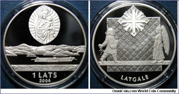 2004 Latvia 1 Lats Proof, Latgale.  Latvia, Times and Values series.  This 92.5% sterling silver 1 Lats proof coin weighs 31.47 grams and has a diameter of 38.61 mm. Mintage 5,000.