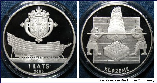2003 Latvia 1 Lats Proof, Kurzeme.  Latvia, Times and Values series.  This 92.5% sterling silver 1 Lats proof coin weighs 31.47 grams and has a diameter of 38.61 mm. Mintage 5,000.