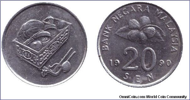 Malaysia, 20 sen, 1990, Cu-Ni, Basket containing food and utensils.                                                                                                                                                                                                                                                                                                                                                                                                                                                 