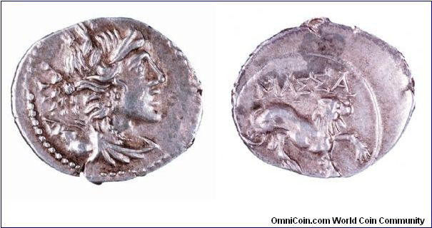 Greek Massilia, 200 - 150 B.C., silver Tetrobal.
Obv: Artemis with bow and quiver behind her head.
Rev: Lion with MASSA above.