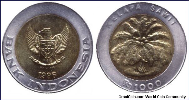 Indonesia, 1000 rupiah, 1996, Cu-Ni-Brass, Palm tree, bi-metallic.                                                                                                                                                                                                                                                                                                                                                                                                                                                  
