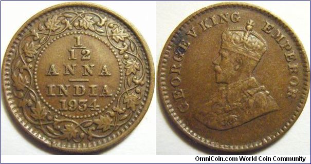 India 1934 1/12 anna. Small coin and nice grade, as well as well toned. Special thanks to Jose!