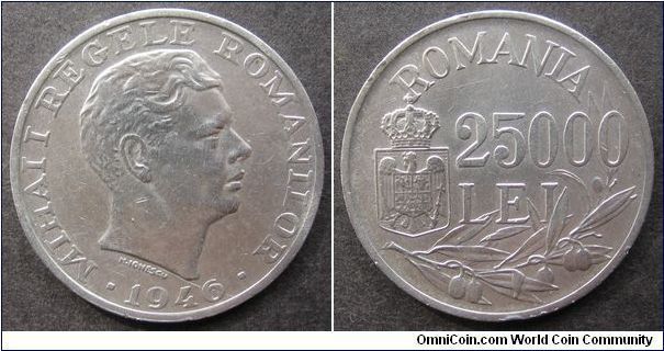 25.000 lei
Diameter: 32 mm, 12g
Ag 0.700, Cu 0.300, plain edge
Incuse on the edge: NIHIL SINE DEO
Mintage 2.372.600 coins.
King Mihai I.