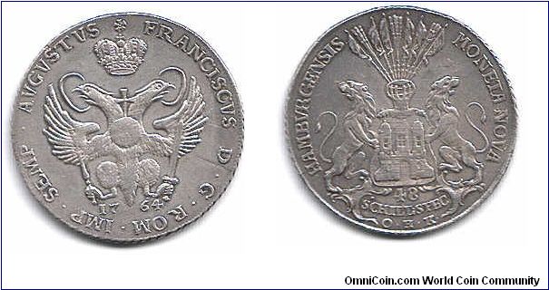 Hamburg Taler of 48 schillings 1764 OHK (Mint Master = Otto Heinrich Knorre 1761-1805)