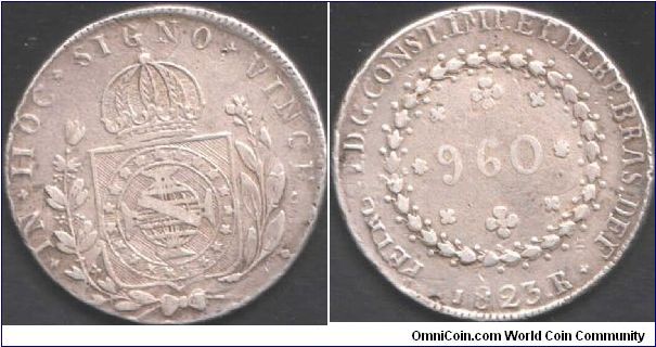 960 Reis. This coin like all others of its type has been overstruck. Unfortunately it is impossible to tell the host coin.