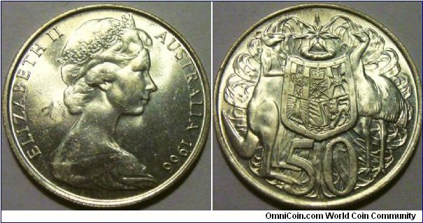 Australia 1966 50 cents. The last silver coin minted in Australia. Silver content is approximately 0.3416oz! Minted in .800 silver. 

This coin is somewhat aUNC, but with a terrible gash on her face. SOLD! 3.50