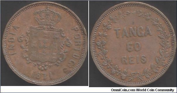 Portuguese India copper One Tanga. Nice large thick chunk of copper 36mm x 5mm and weighing in at 38.5 grams.