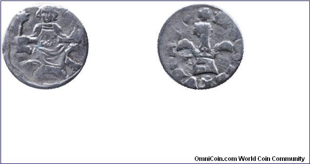 Hungary, 1 denár, no date, Ag, from Robert Charles I (I. Károly Róbert, 1307-1342), Madonna, Helmet.                                                                                                                                                                                                                                                                                                                                                                                                                