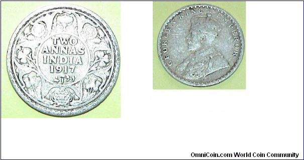 2 Annas. British India. Silver coin. George V