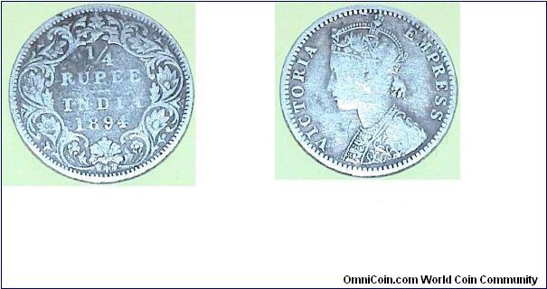 Quarter Rupee.  Gothic Victoria. Silver coin