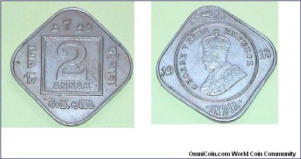 2 Annas. George V. Square coin.