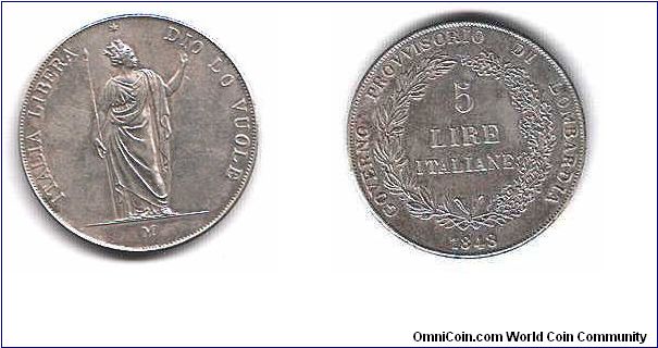 Lombary 5 Lire - Revolutionary Provisional Government