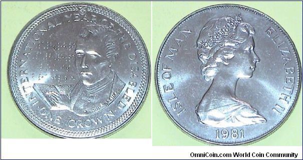 1 Crown. QE II.  Commemorative for 'International Year of Disabled, Louis Braille'. Proof.