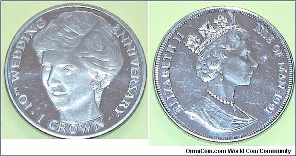1 Crown. To Commemorate 10th Wedding Anniversary of Diana & Charles. Proof coin.