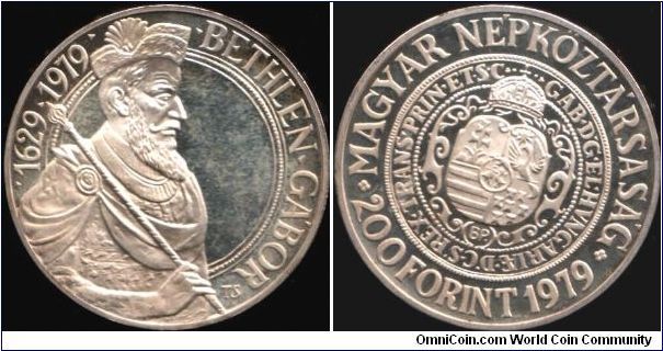 Piedfort proof silver 200 Forint commemorating the 350th anniversary of  the death of Bethlen Gabor (Prince of Transylvania)in 1629. Only 2,500 piedforts minted.