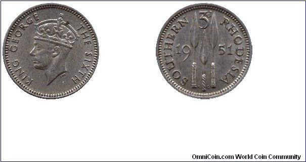 Southern Rhodesia, 3 pence, 1951, Ag, King George VI.                                                                                                                                                                                                                                                                                                                                                                                                                                                               