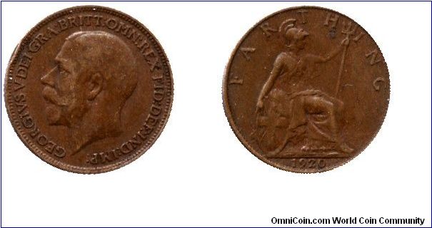 United Kingdom, 1 farthing, 1920, Bronze, King George V.                                                                                                                                                                                                                                                                                                                                                                                                                                                            