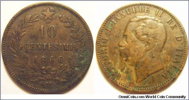 Italy 1866 10 centesimi. A bit of verdigris here and there. SOLD! 20c