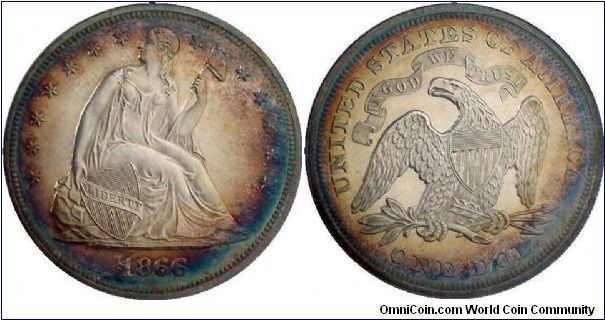 Seated Liberty Dollar.  NGC Proof 64 Cameo.  

The 1866 is the first year of the design to show the modified reverse with the motto added above the eagle's head. A mere 725 proofs were issued. NGC has certified only 29 cameo examples for the date.

The centers are untoned and flashy while the peripheries on each side boast a dazzling toning scheme consisting of shades of gun-metal blue, russet and aqua-marine. 

The devices show an appreciable amount of frost and come close to UCAM.