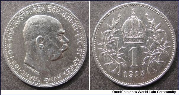1 corona
Diameter: 23 mm, 5g
Ag 0.835
Mintage 23.000.000 coins.
Franz Joseph