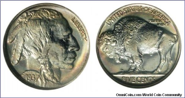 Buffalo Nickel.  This Superb Gem quality proof Buffalo has extremely deep mirrored fields with subtle green color over each side. The border areas are also decorated with rich antique-gold and crimson colorations. A pristine specimen.
