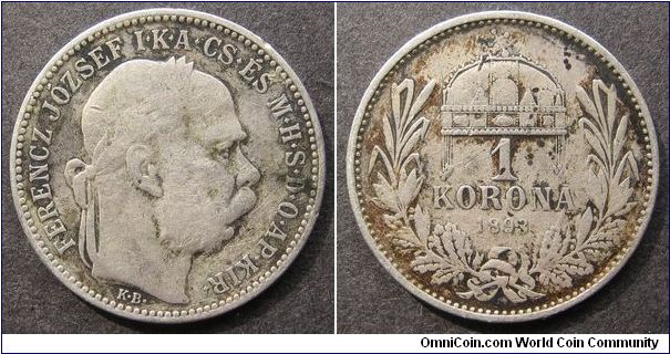 1 korona
Diameter: 23 mm, 5g
Ag 0.835
Mintage 24.385.000 coins.
Franz Joseph