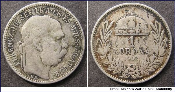 1 korona
Diameter: 23 mm, 5g
Ag 0.835
Mintage 24.385.000 coins.
Franz Joseph