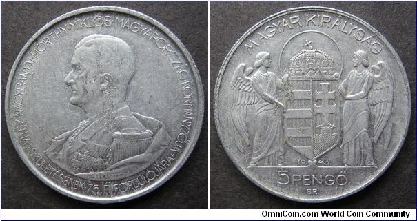5 pengo
Diameter: 36 mm
Aluminum
Mintage 2.000.000 coins.
75th Birthday of Admiral Horthy