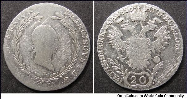 20 kreuzer
Diameter: 27 mm, 6.68g
Ag 0.583
Mintmark E
Franz I.