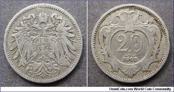 20 heller
Diameter: 21 mm
Nickel
Mintage 41.457.000 coins.
Franz Joseph