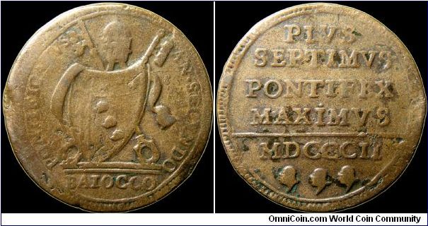 Baiocco, Papal States.

This is the condition these poorly struck coins are usually found.                                                                                                                                                                                                                                                                                                                                                                                                                        