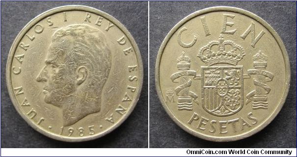 Cien (100) pesetas
Diameter: 24 mm
Aluminum-Bronze
Mintage 118.000.000 coins.
King Juan Carlos I.