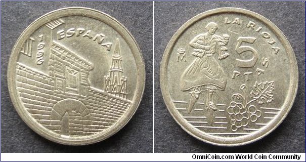 5 pesetas
Diameter: 12 mm
Aluminum-Bronze
Mintage 674.168.000 coins.
La Rioja