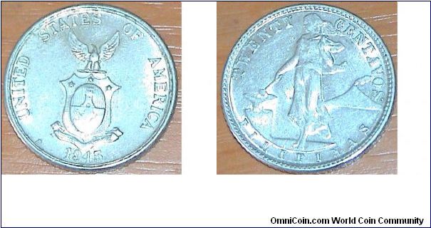 20 Centavos. Issued for Philipines. Silver coin