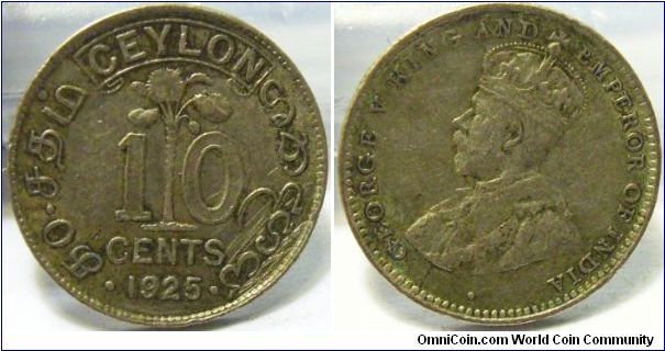 Ceylon 1925 10 cents. 50 cents.