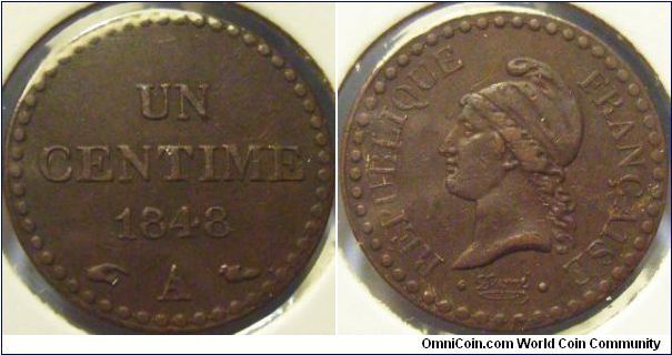 France 1848 1 centime. Mintmark A. Somewhat VF-XF. Lowered to $7
