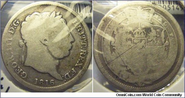 UK 1816 1 shilling. Worn and scratched but still a nice example. On auction @ coinpeople.com