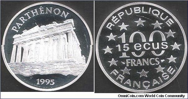 100 Francs / 15 Ecus issue `Parthenon'