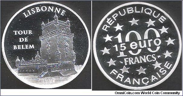 100 Francs / 15 Euro issue `Lisbon - Tour de Belem'