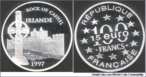 100 Francs / 15 Euro issue `Ireland - Rock of Cashel'
